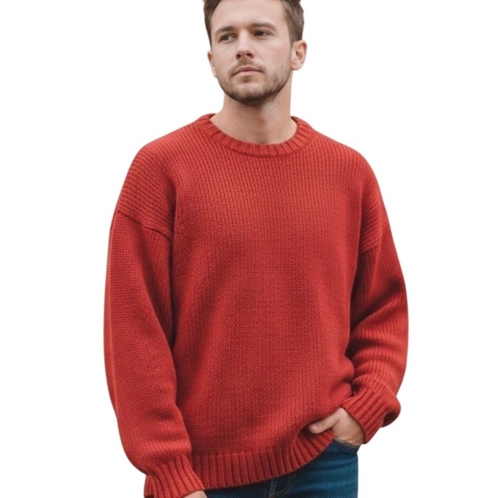 Gap Sweater Mens L Red 100% Cotton Shaker Stitch Heavy Knit Crewneck Relaxed Fit